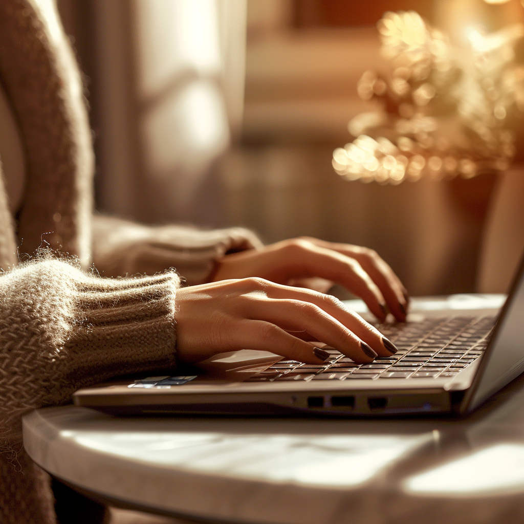 Hände einer Frau, die auf einer Tastatur eines Laptops tippen