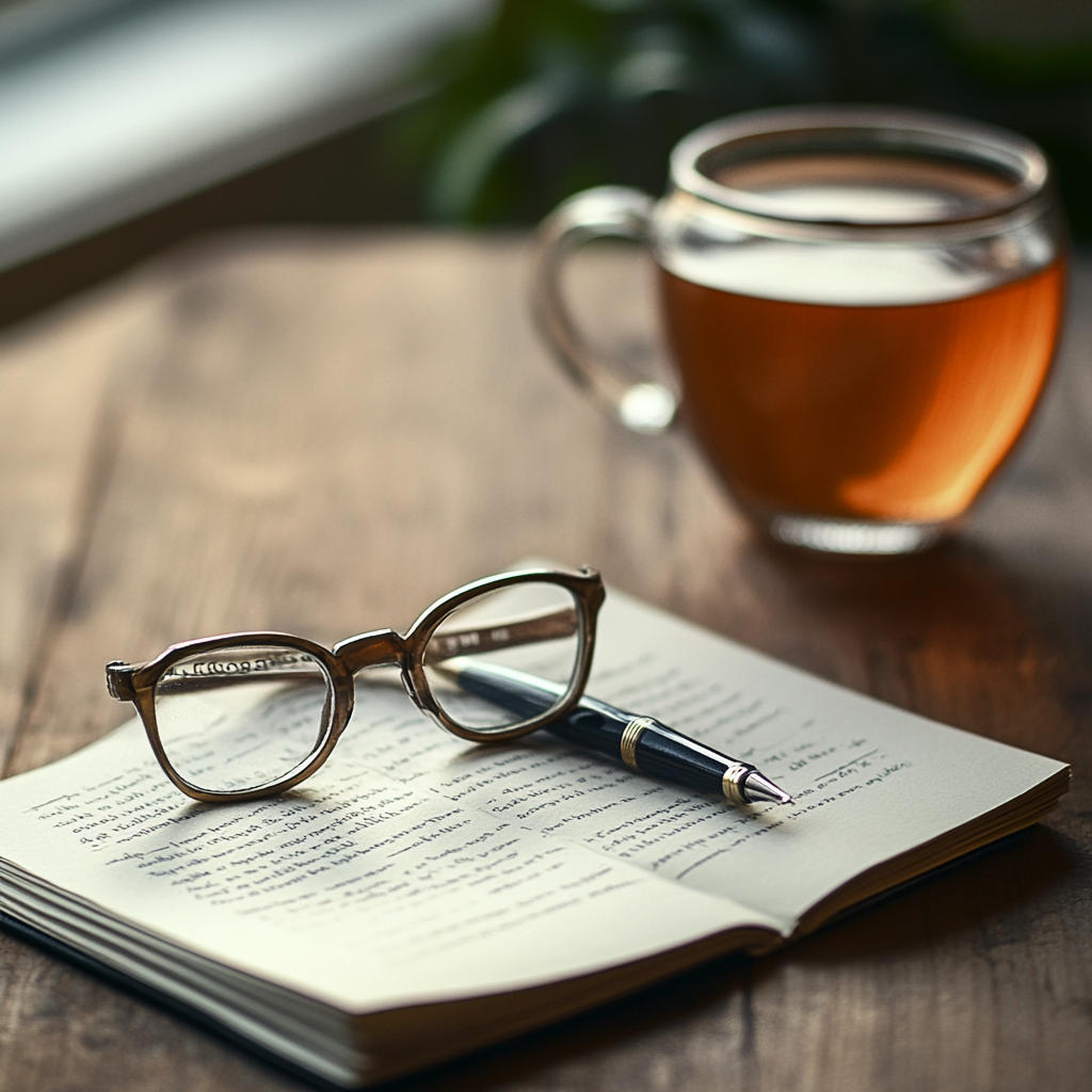 Ein Bild von einer Leserbrille, die auf einem aufgeschlagenen Buch liegt und eine Tasse Tee
